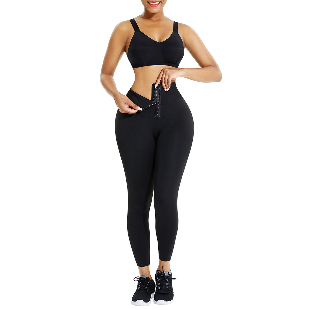 High wiasted leggings with compression band , hook and zipper